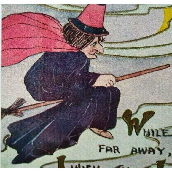 Halloween Postcard Gothic Witch Flying By Pumpkin Patch 204D FA Owen Providence - Picture 2 of 5